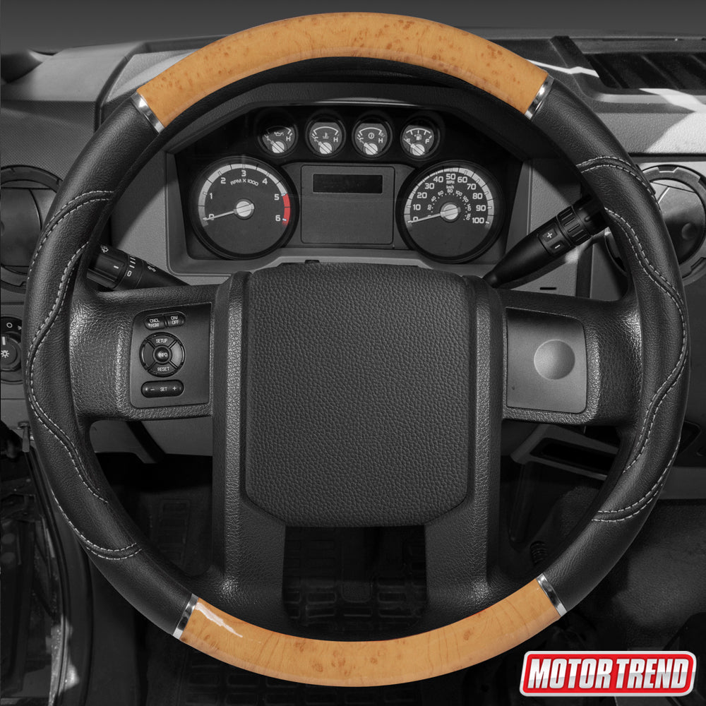 MotorTrend Wood Grain Soft Leather Grip Steering Wheel for Big Rigs, Trailers, Trucks (Fits 18") - Light Cherry Wood