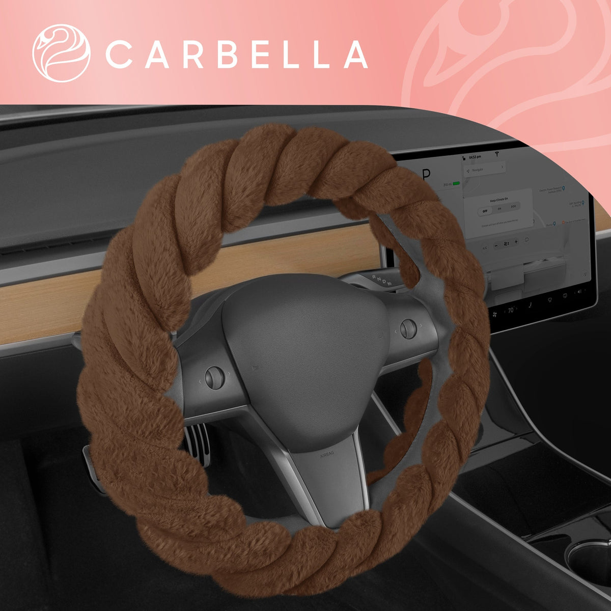 Carbella Twisted Plush Fur Steering Wheel Cover (Fits 14.5" - 15.5") - Brown