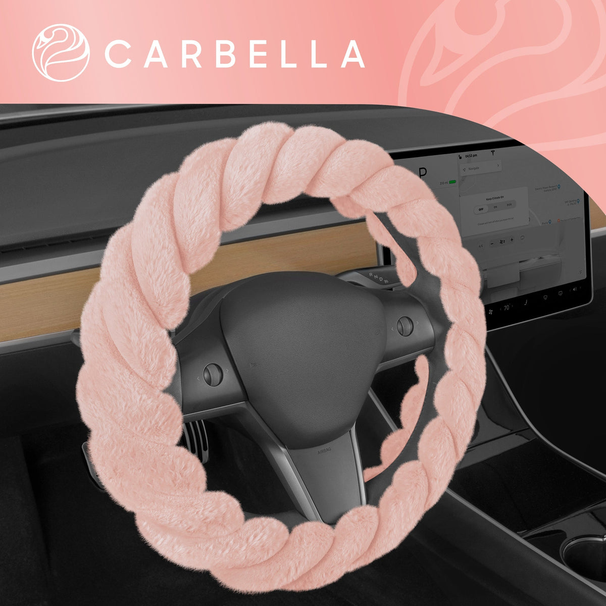 Carbella Twisted Plush Fur Steering Wheel Cover (Fits 14.5" - 15.5") - Pink