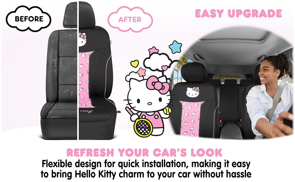 Hello Kitty Car Seat Cover - Cute and Durable Pink Front Seat Cover, Adorable Hello Kitty Design, Comfortable and Long-Lasting Polyester, Car Accessories Gift Hello Kitty Accessories 1pc Black/Pink