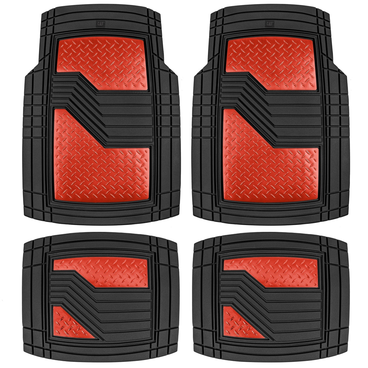 CAT 4-Piece Two-Tone Metallic-Look Front Floor Mats and Rear Floor Mats - Heavy Duty, All Weather, Trim to Fit