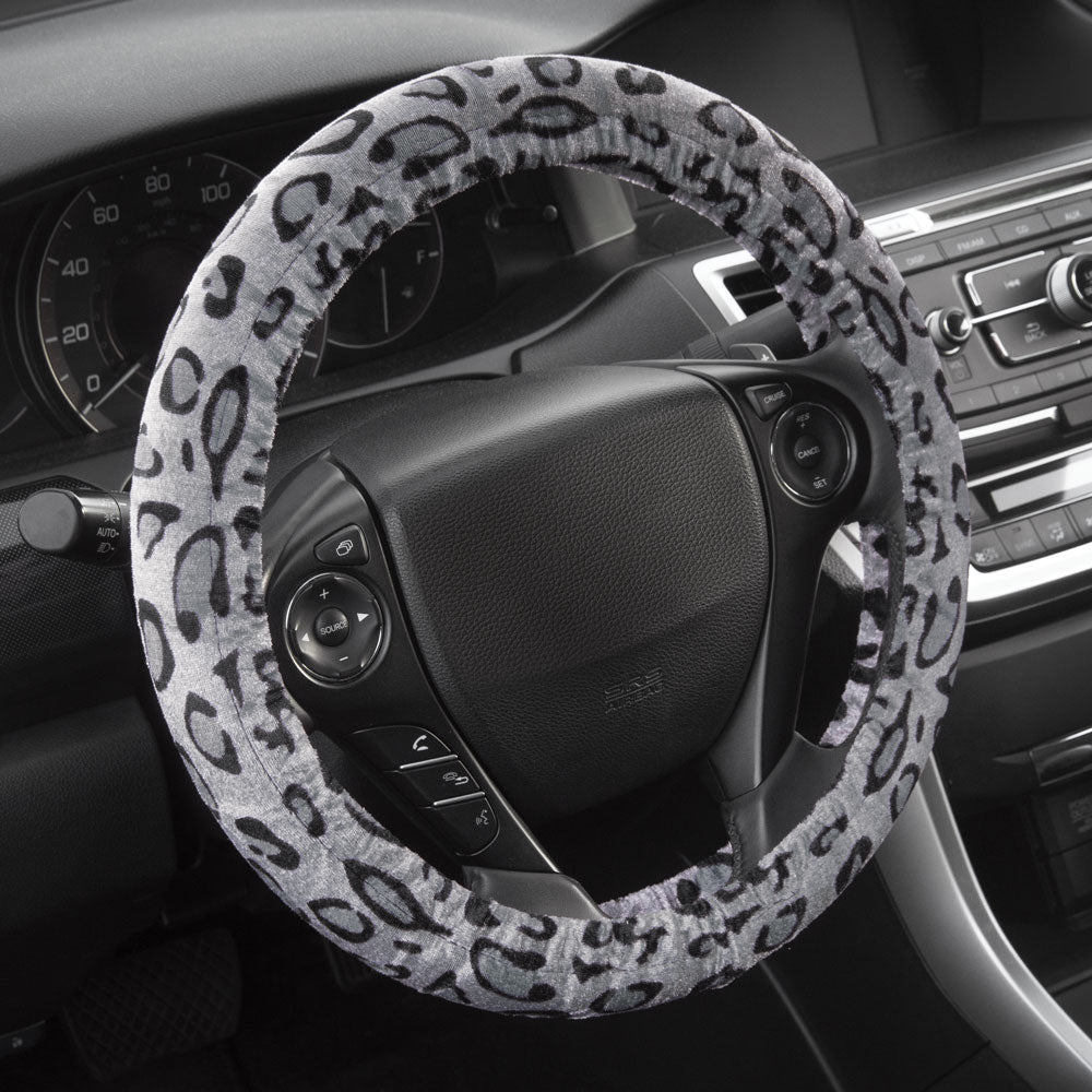 BDK 12-Piece Silver Leopard Front Seat Covers, Rear Seat Covers, Seat Belt Pads, and Steering Wheel Cover (Fits 14.5" - 15.5")