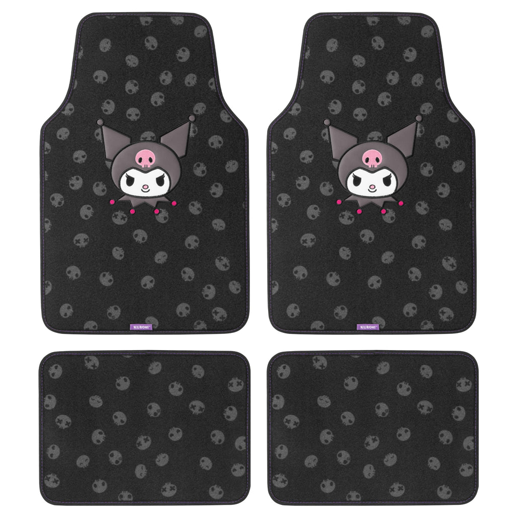 Kuromi Carpet Car Floor Mats - Universal Fit for Cars, SUVs & Trucks - Black with Kuromi Print & Purple, Pink Accents - Front & Rear Set, 4 Piece