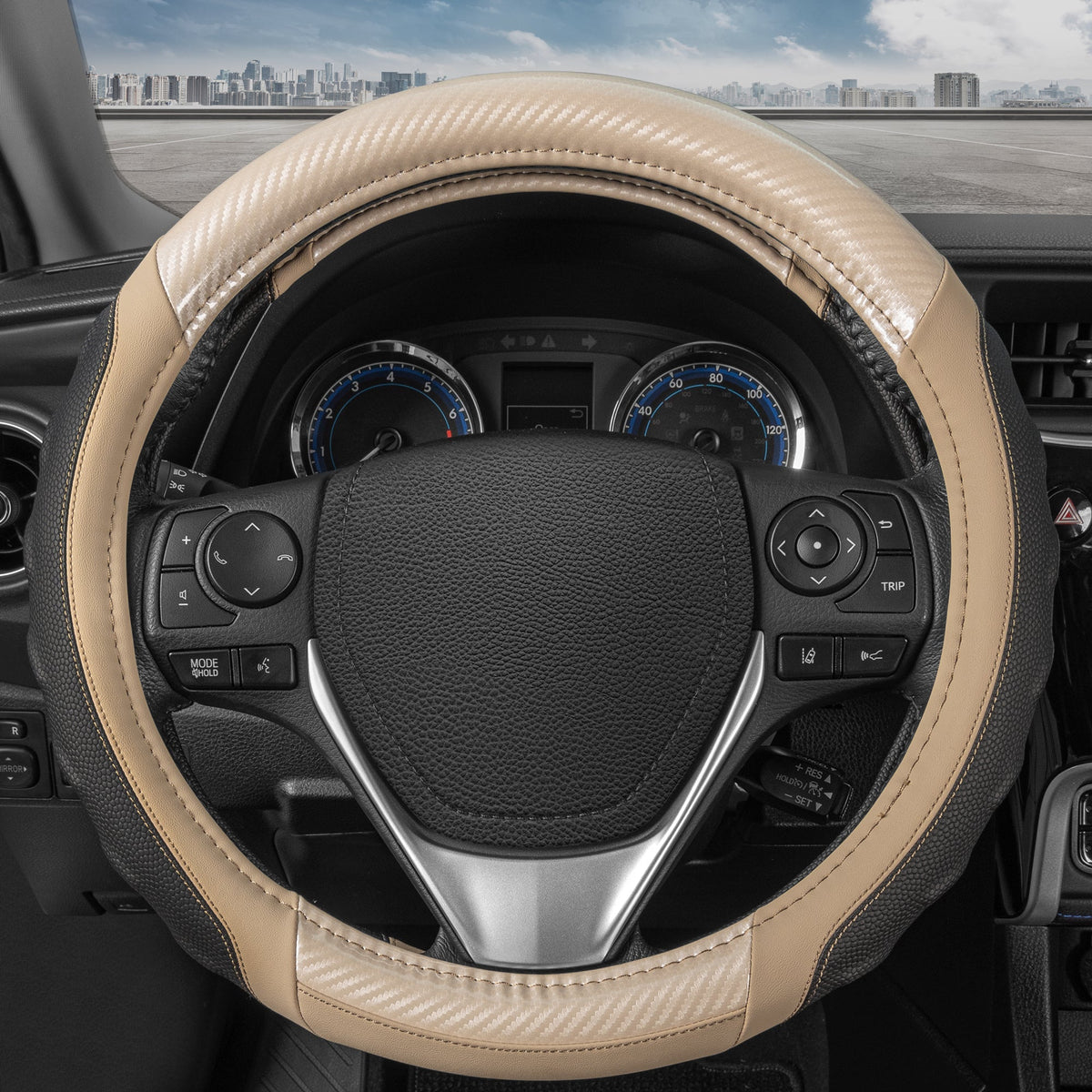 MotorTrend UltraSport Carbon Fiber Ergonomic Grip Steering Wheel Cover (Fits 14.5" - 15.5") - Beige