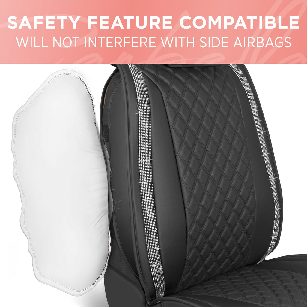 BlingStitch™ Car Seat Covers for Front Seats - Luxurious Vegan Leather Seat Covers for Cars with Black Bling Crystals, Premium Automotive Seat Covers for SUV, Trucks, Car Bling Luxury
