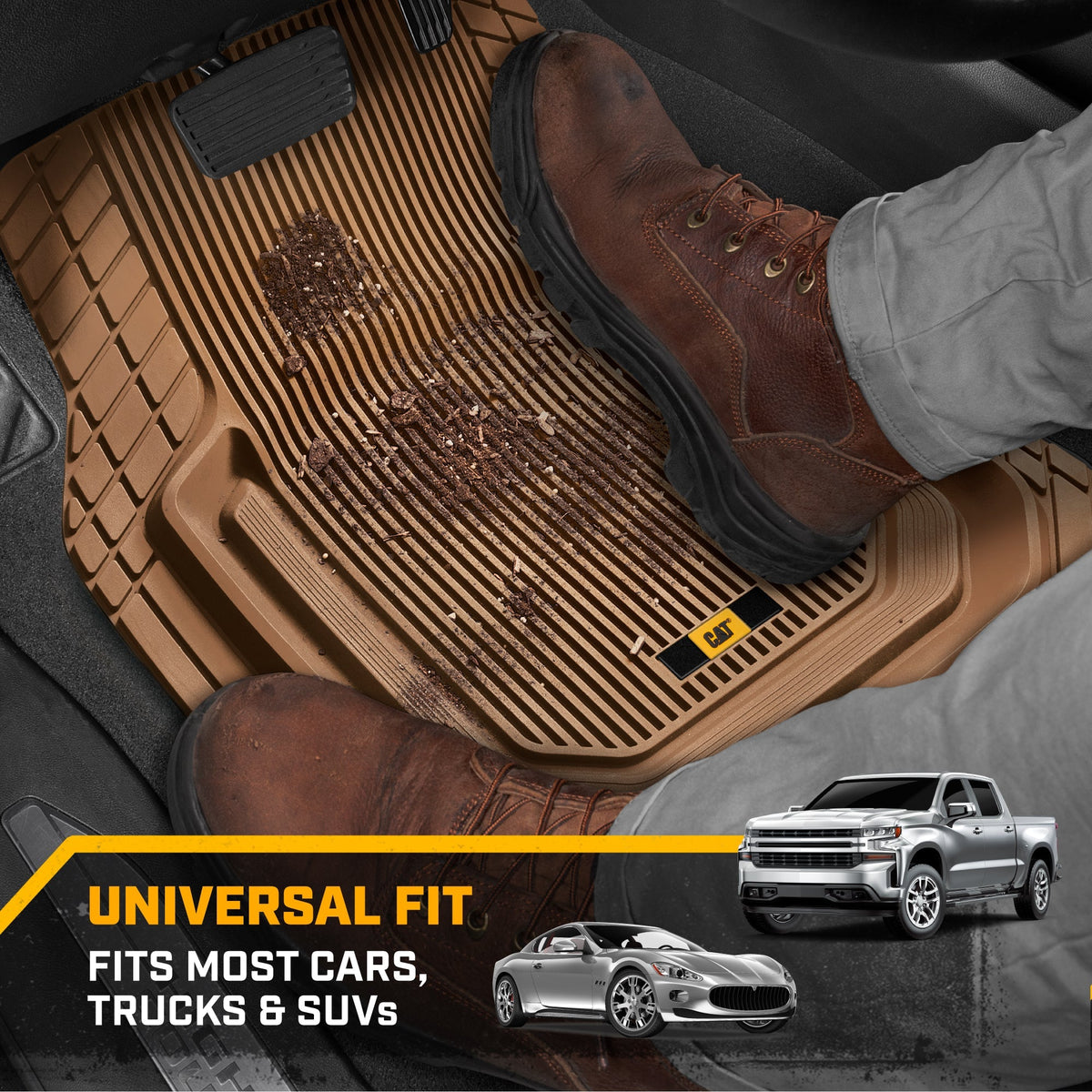 Cat® TerrainGuard™ Heavy-Duty 3-Piece All-Weather Rubber Floor Mats for Car, Truck, SUV, Van - Trim-to-Fit Deep Dish Automotive Floor Liners, Maximum Dirt & Water Protection, Universal Fit, Beige