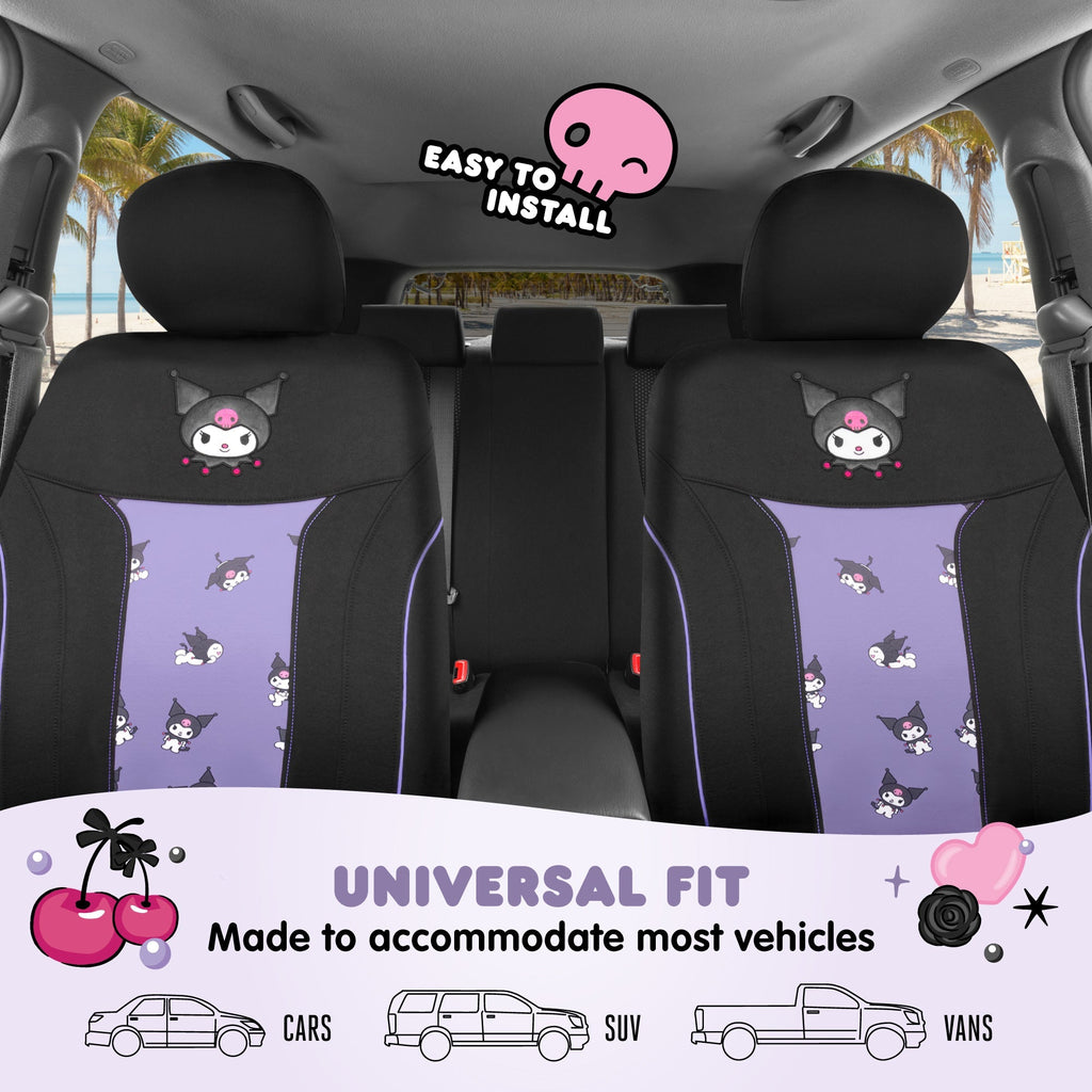 Hello Kitty Kuromi Car Seat Covers - Cute Black and Purple Front Seat Covers with Lavender Accents, Durable and Comfortable Polyester, Car Accessories Hello Kitty Accessories 2pc