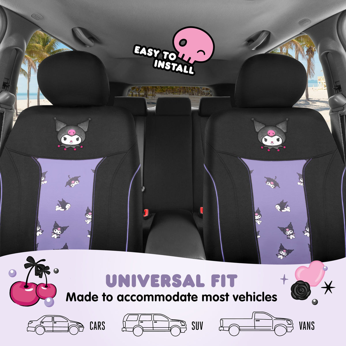 Hello Kitty Kuromi Car Seat Covers - Cute Black and Purple Front Seat Covers with Lavender Accents, Durable and Comfortable Polyester, Car Accessories Hello Kitty Accessories 2pc