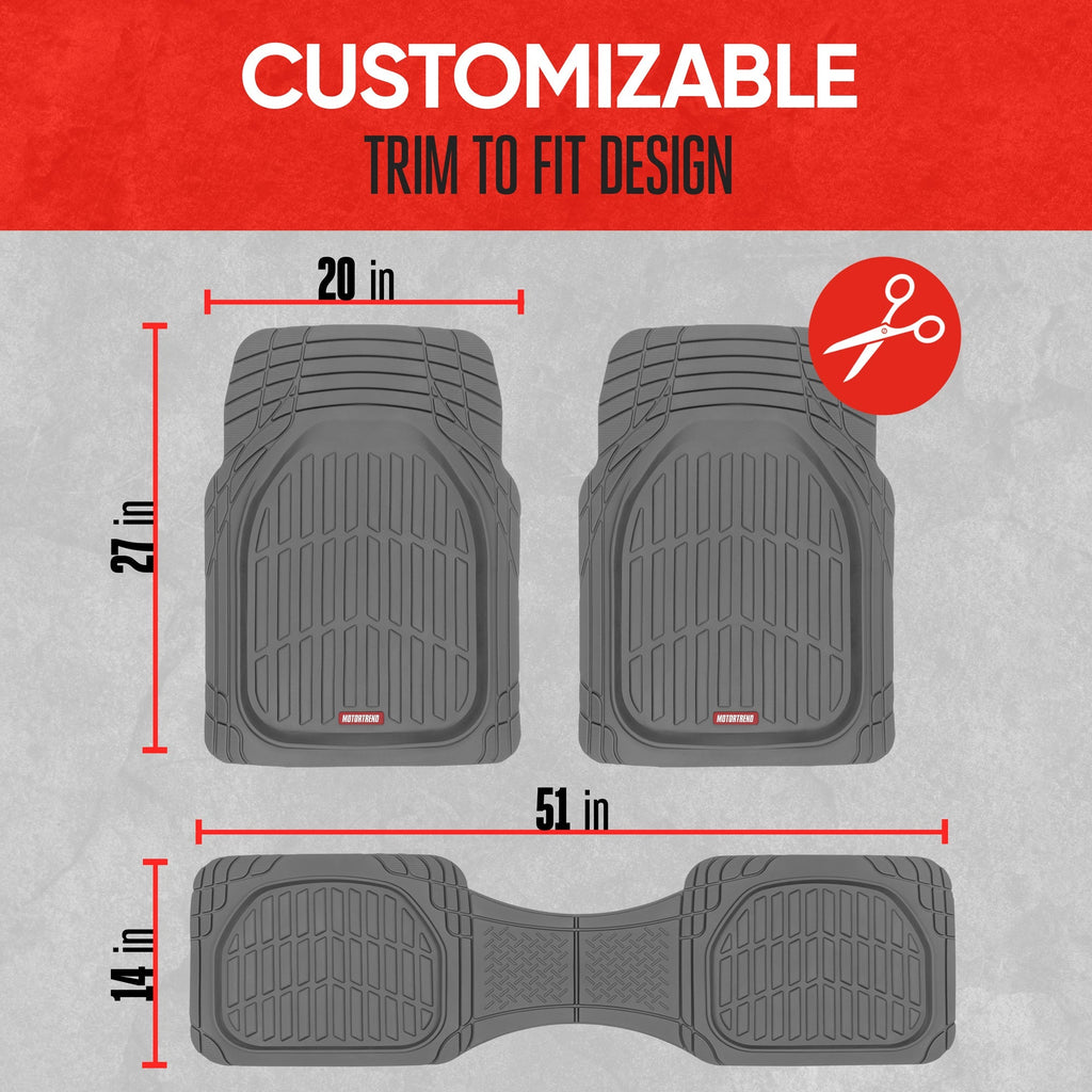 MotorTrend 3-Piece FlexTough Deep Dish Front Floor Mats and Rear Floor Mat - Heavy Duty, All Weather, Trim to Fit