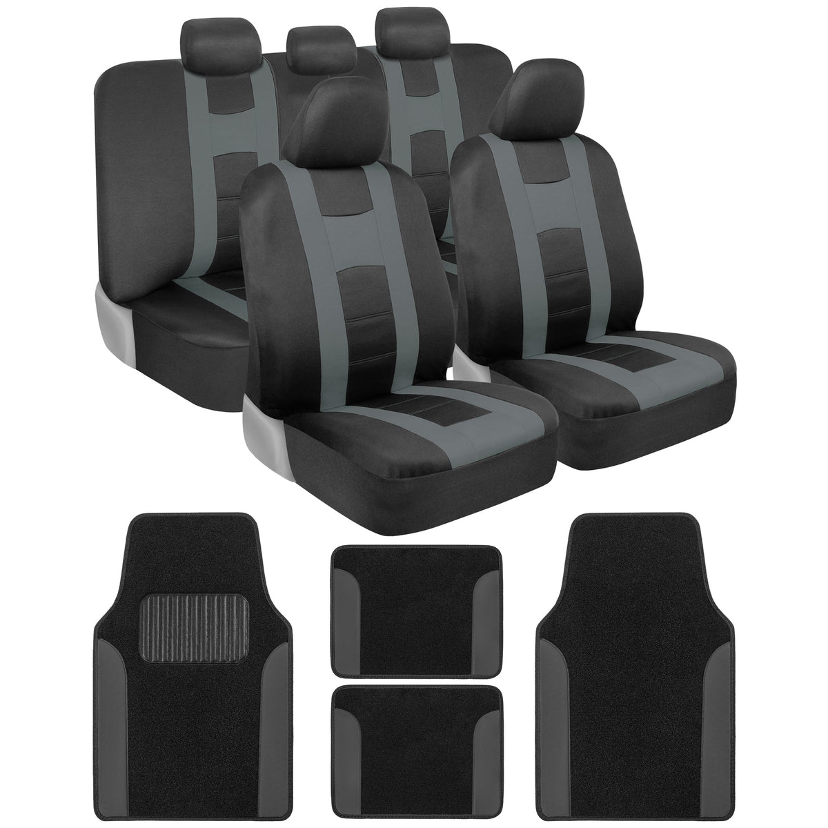 BDK 13-Piece Forza Series Front Seat Covers, Rear Seat Covers, Front Floor Mats, and Rear Floor Mats - Gray