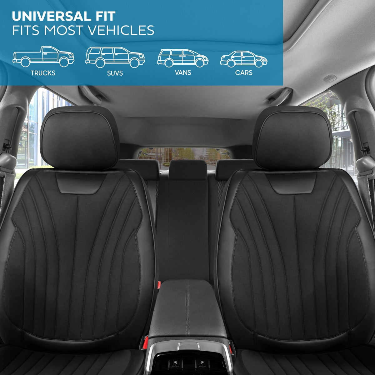 MotorBox Elite Edition Faux Leather & Suede Seat Covers for Cars, Trucks, & SUV - 2 Black Car Seat Covers for Front Seats - Universal Fit Car Accessories Automotive Interior Cover Protector for Cars