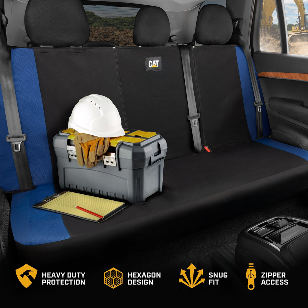 Cat Flexfit Blue Rear Seat Cover for Car – Durable Canvas & Mesh Design 60/40 Split Bench Protector for Cars, Trucks & SUVs – Back Seat Cover for Rear Bench – Interior Car Accessory