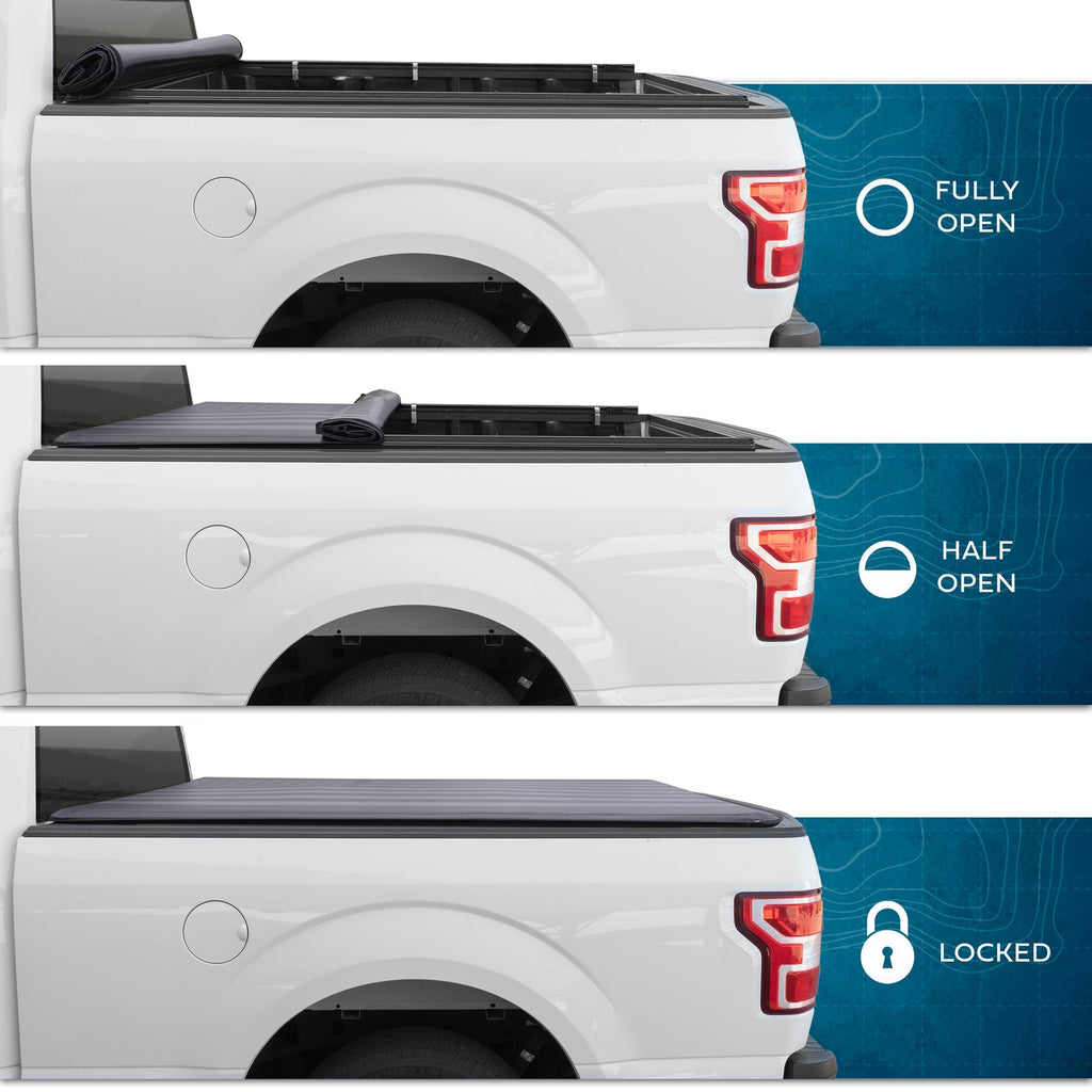 MotorBox Soft Roll-Up Truck Tonneau Cover for 1999-2016 or 2017-2024 Ford F-250 Super Duty/F-350 with 6.75 ft Bed Length, All-Weather Retractable Truck Bed Cover with Black Flag Graphic