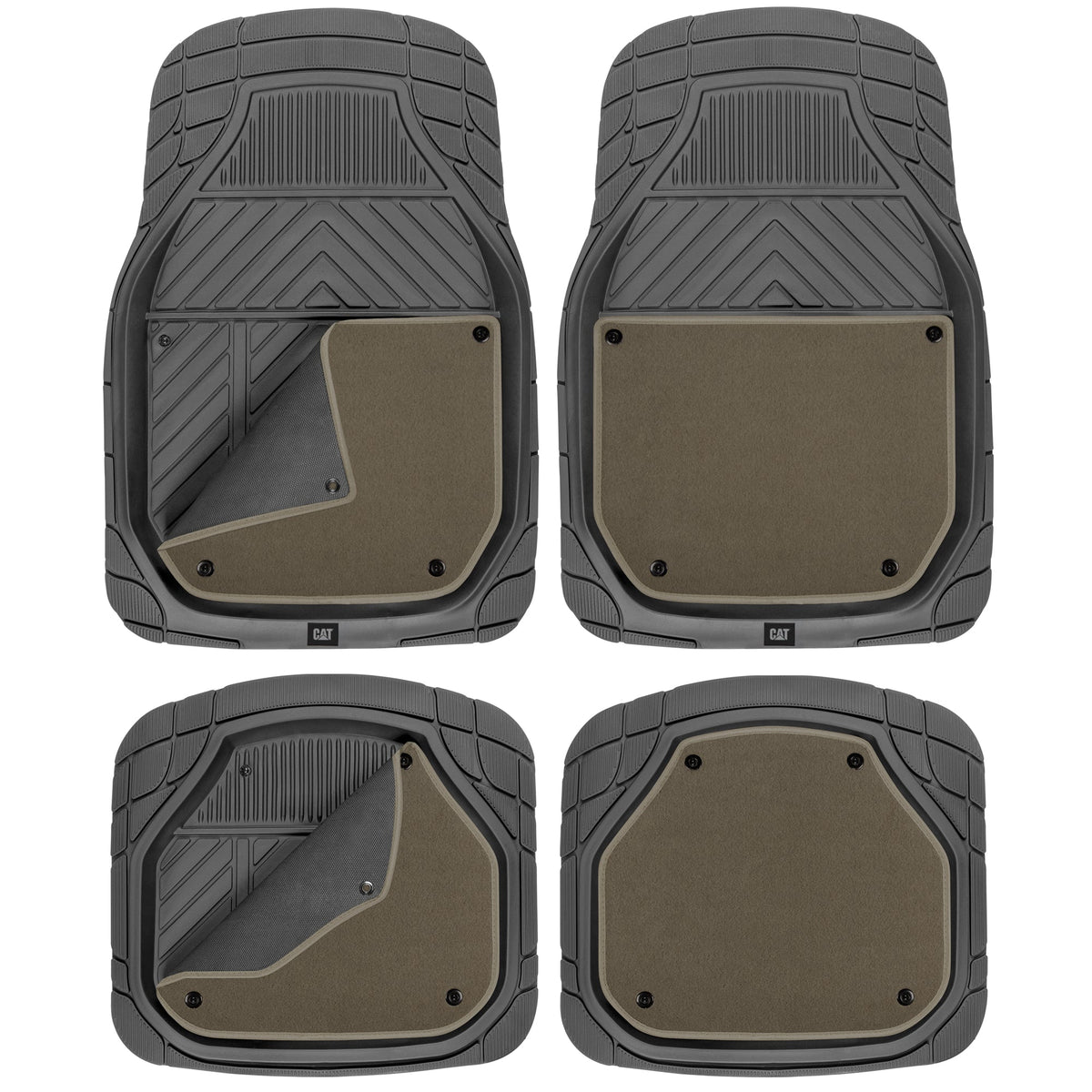 CAT 4-Piece Detachable Carpet Deep Dish Front Floor Mats and Rear Floor Mats - Heavy Duty, All Weather, Trim to Fit - Beige