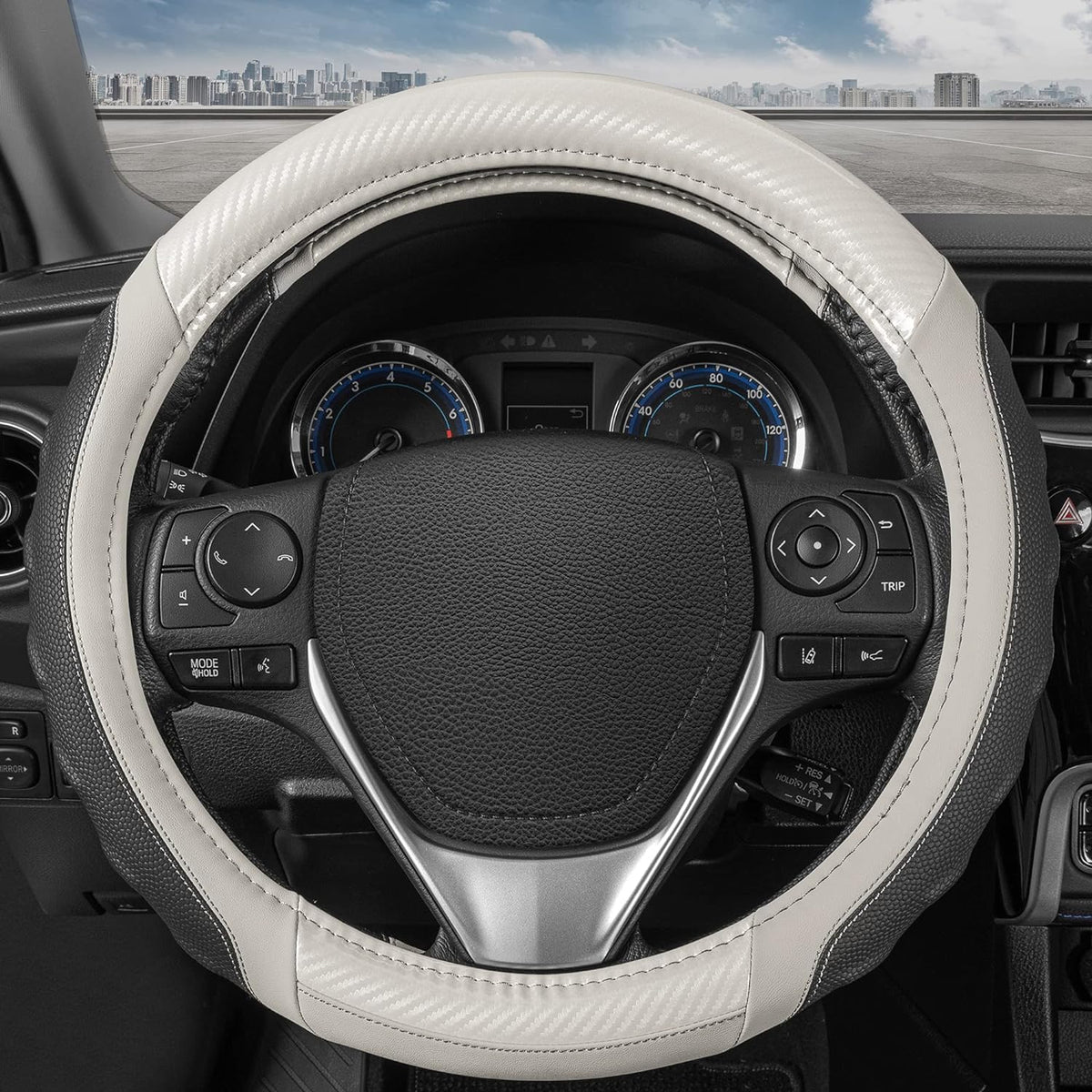 Motor Trend UltraSport Carbon Fiber Steering Wheel Cover, Standard 15 inch Size, Black Faux Leather Comfort Grip, Car Steering Wheel Cover for Auto Truck Van SUV (Multiple Colors)