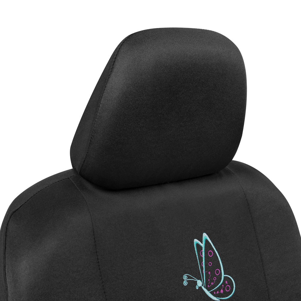 BDK 12-Piece Neon Butterflies Front Seat Covers, Rear Seat Covers, Seat Belt Pads, Steering Wheel Cover (Fits 14.5" - 15.5")