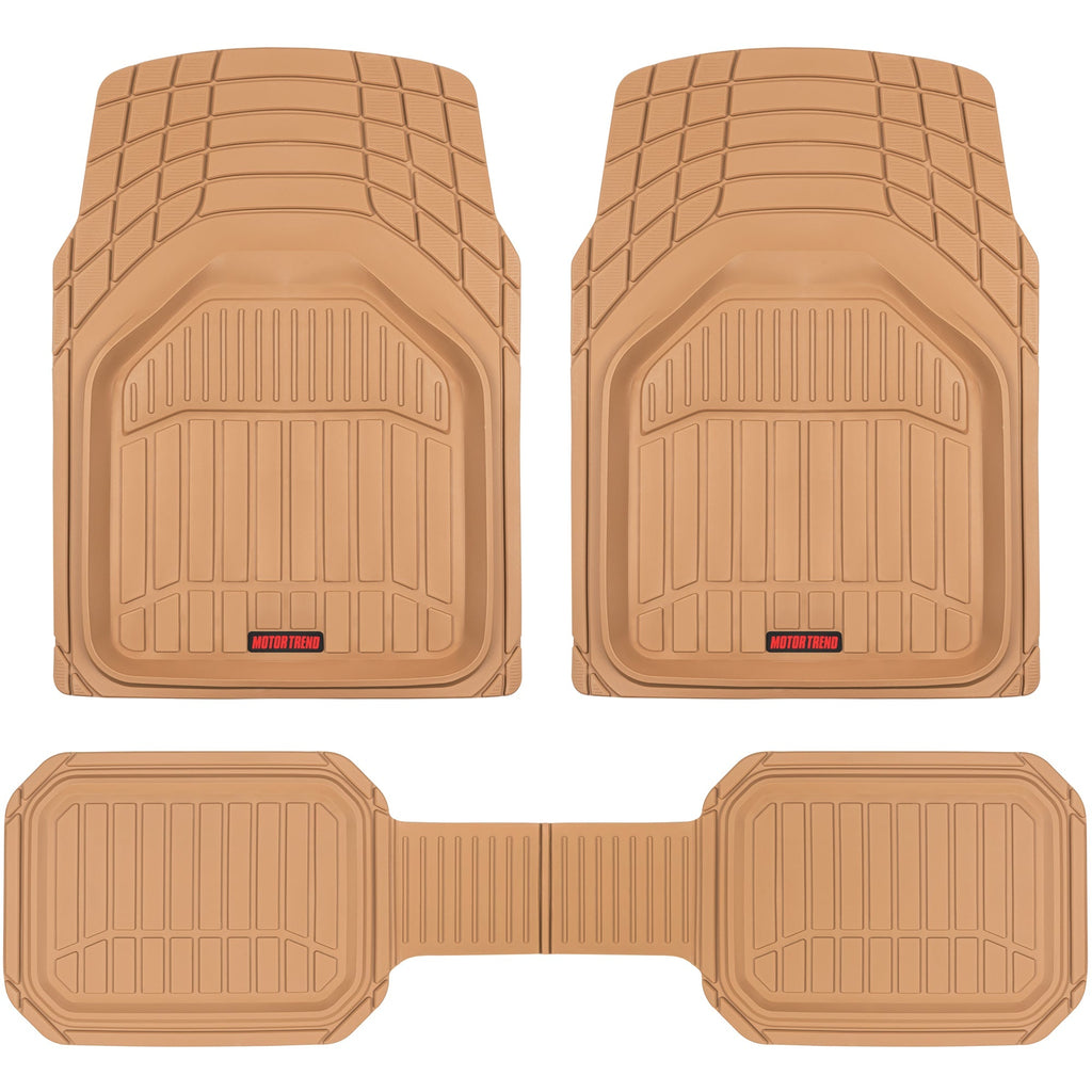 MotorTrend 3-Piece FlexTough Defender Front Floor Mats and Rear Floor Mat - Heavy Duty, All Weather, Trim to Fit - Beige