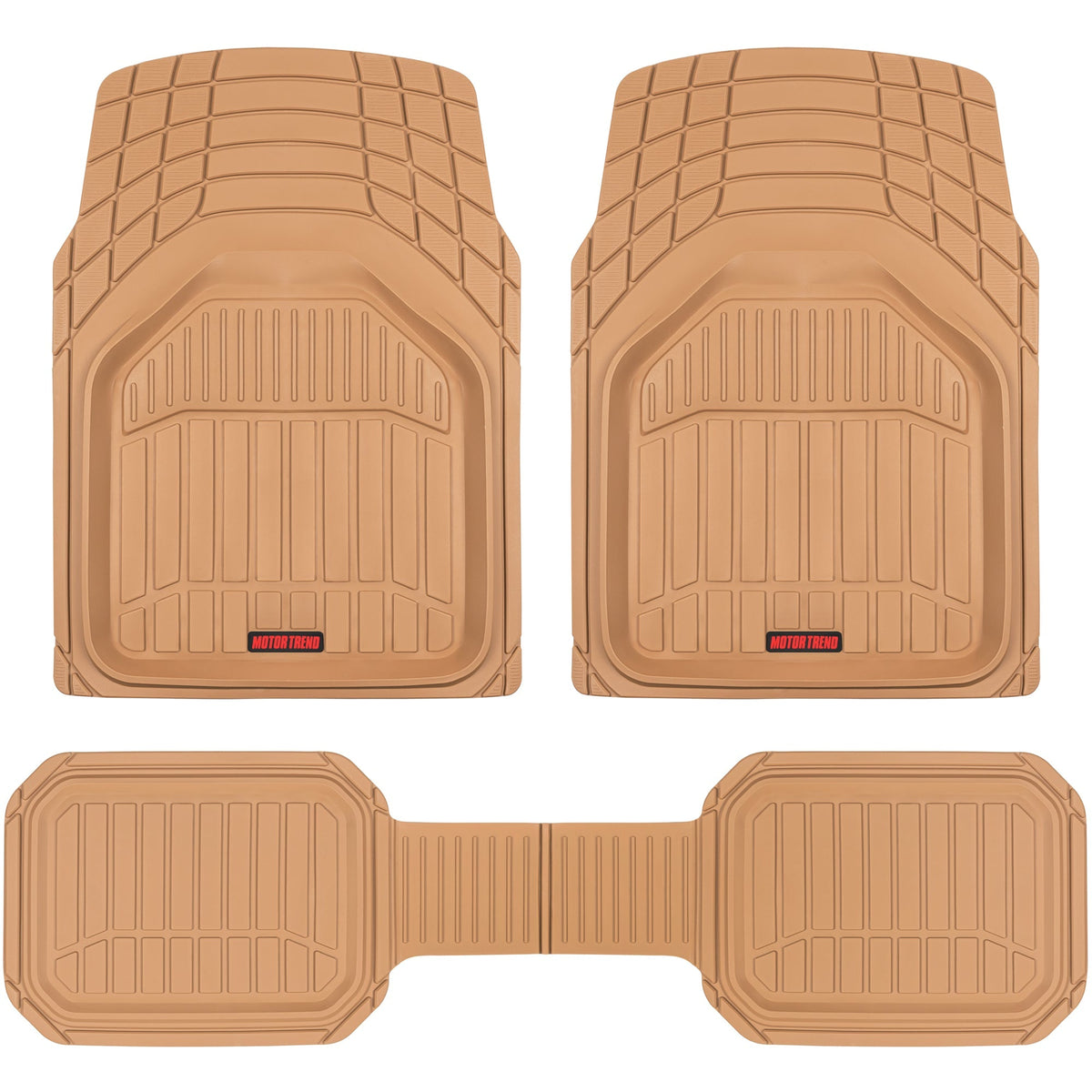 MotorTrend 3-Piece FlexTough Defender Front Floor Mats and Rear Floor Mat - Heavy Duty, All Weather, Trim to Fit - Beige